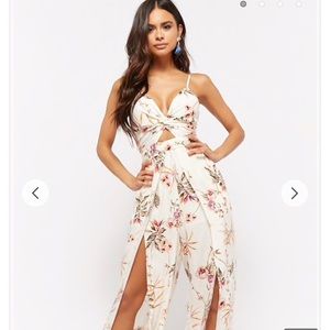 Crinkled Floral TwistFront Cutout Overlay Jumpsuit